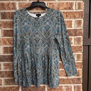 J Jill Wearever Collection Blue Black Paisely Jersey Long Sleeve Top